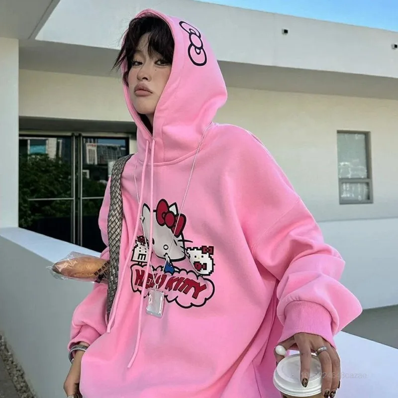 Sanrio Hello Kitty American Style Trendy Printed Hoodie Loose Men And Women Casual Couple Pullover Simple Fashion Versatile Top