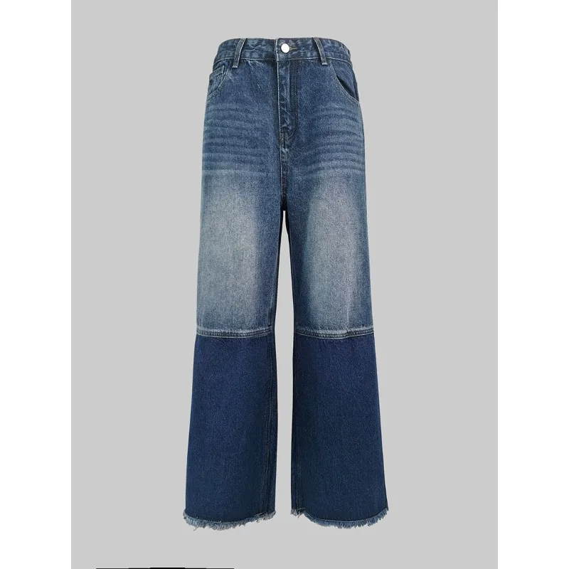 

Women's Two Tone Color Block Patchwork Wide Leg Jeans High Waist Button Fly Washed Denim Raw Frayed Hem Casual Loose Denim Pants