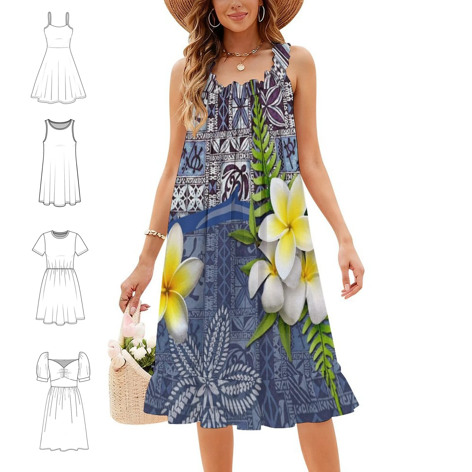 Blue Hawaiian Tapa And Plumeria Sexy Vacation Dress For Women Beach Party Birthday Mini Dress Plumeria Tropical Flowers Hawaii