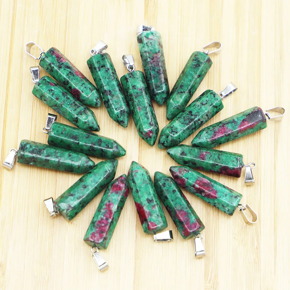 Fashion Hot Sale Natural Stone Epidote Hexagonal Pillar Necklace Pendants Charms Jewelry Accessory Wholesale 24Pcs Free Shipping