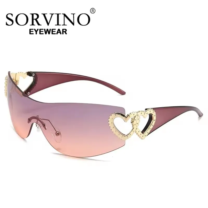 SORVINO New One-Piece Sunglasses Y2K Sexy Rimless Glassess with Double Love Heart-shaped Pink Gradient Wrap Around Sun Glasses