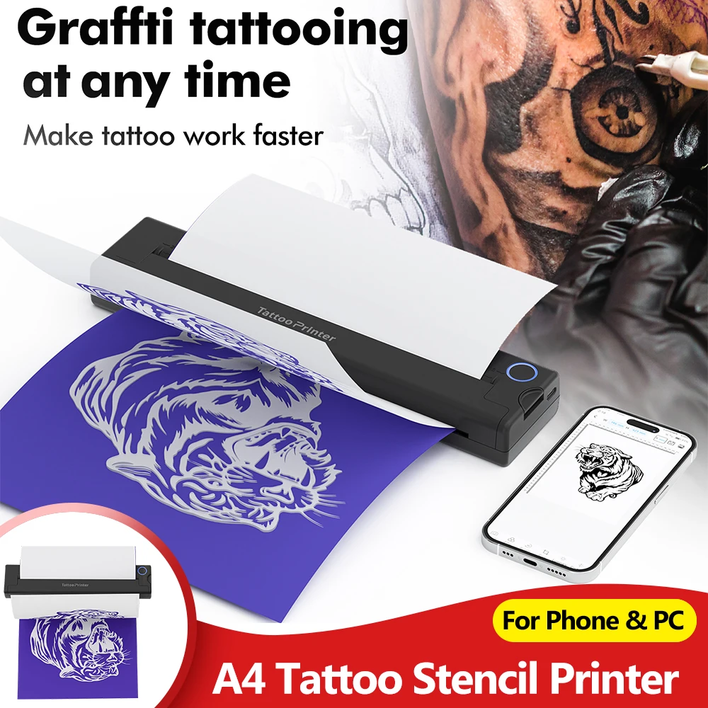 Luck jingle Portable Wireless Tattoo Transfer Stencil Printer, Thermal Tattoo Machine with 10~110pcs Tattoo Paper