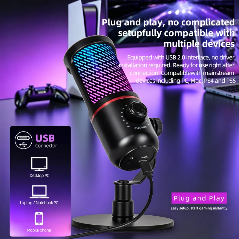 USB Microphone with RGB Control/Headphone jack/Mute,MIC for PC Gaming Recording Streaming