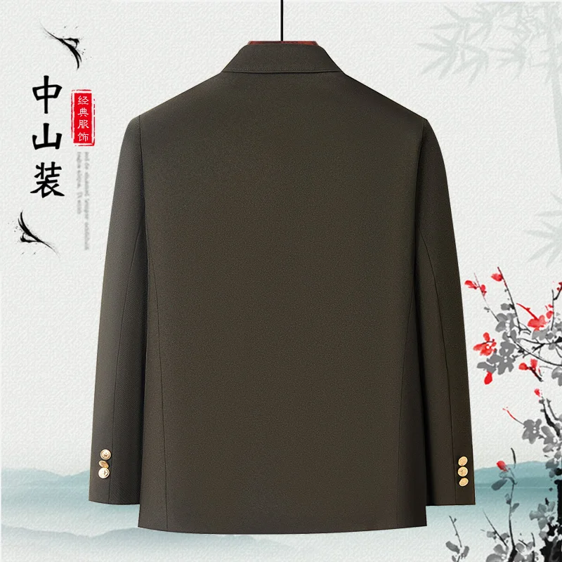 Modern Mao Suit Jacket for Men Military Green with Gold Star Buttons Year-Round Menswear Classic Chinese Zhongshan Coat Blazers