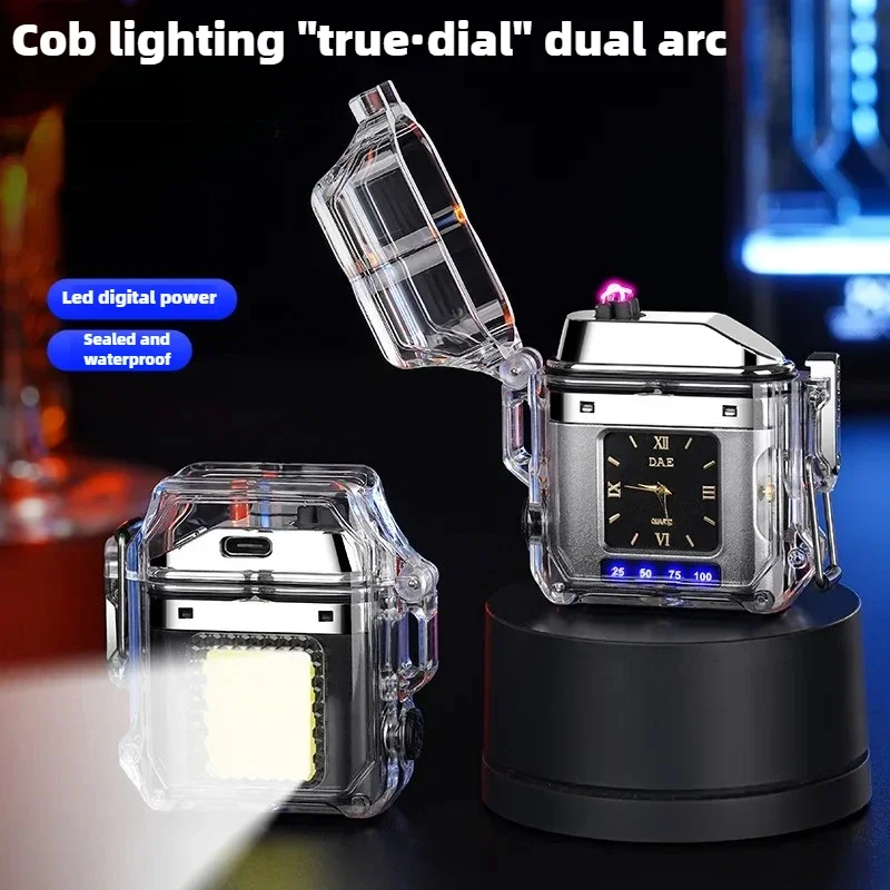 Transparent Dual Arc Plasma Lighter Outdoor Windproof Waterproof USB Electric Rechargeable LED Display Power Lighter