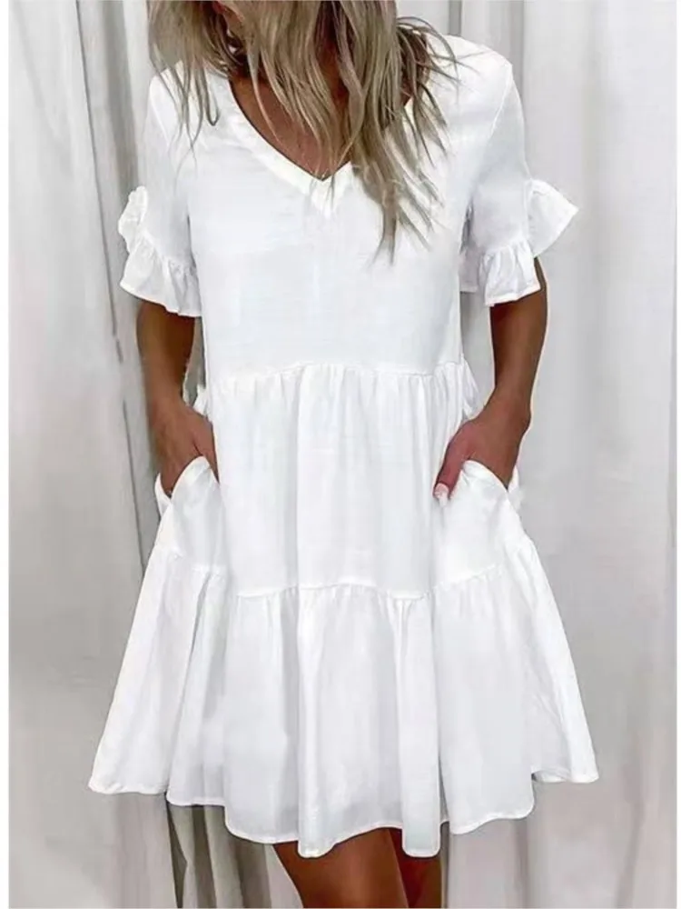 Mini abiti larghi stampati estivi per le donne Ruffles maniche corte scollo a v Casual Ladies Dress Vacation Beach Vestidos estate 2024