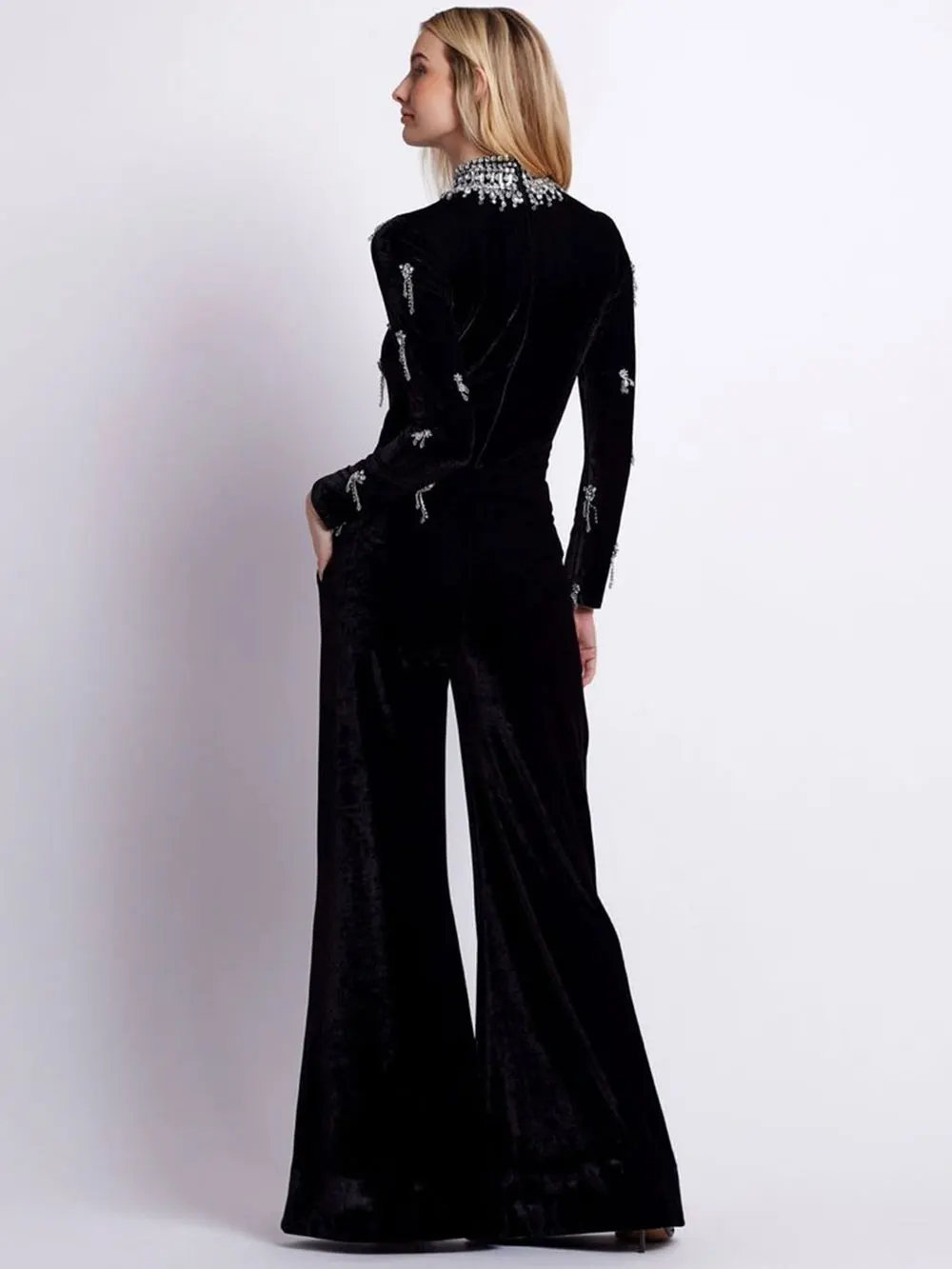 2024 Elegant Women Jumpsuit Heavy Duty Rhinestone Nail Bead Bandage Jumpsuit Stand Up Collar Long Sleeved Black Flared Jumpsuit