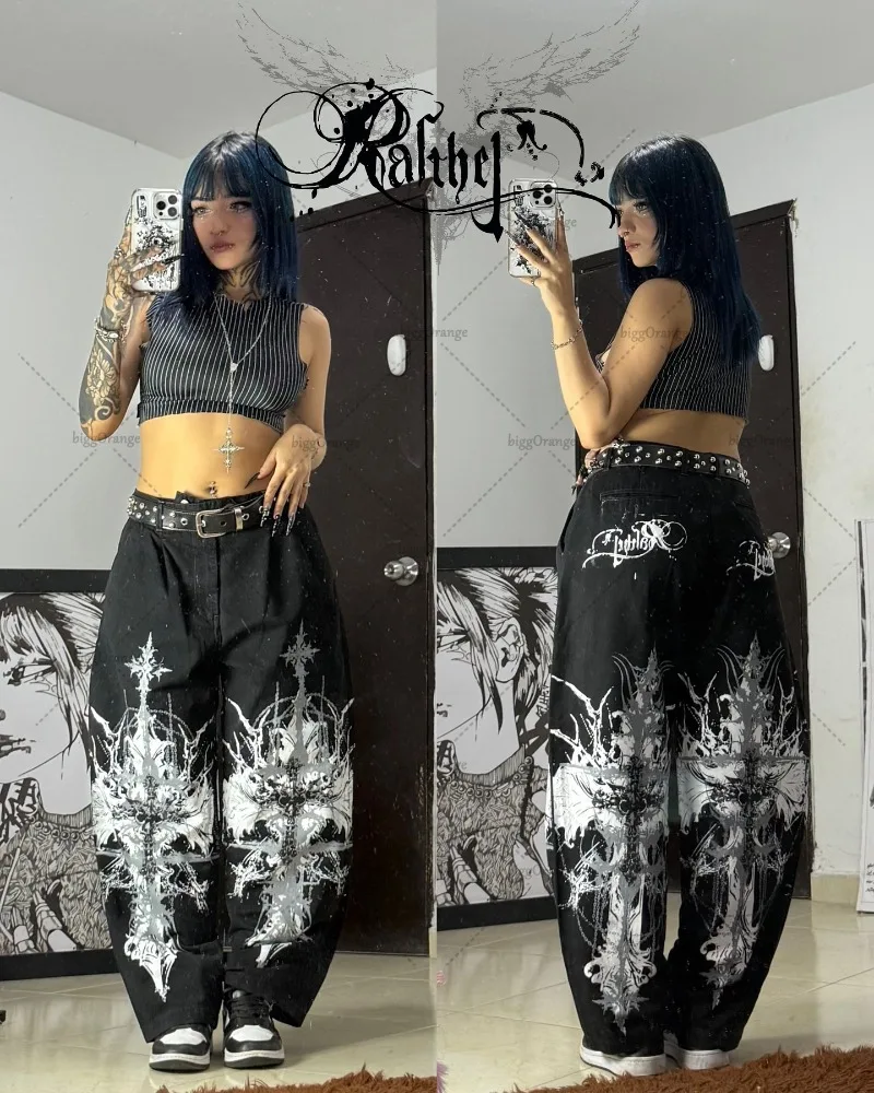 الهيب هوب الأمريكي القوطية الظلام روك فضفاض مستقيم واسعة الساق السراويل الشارع Harajuku رسالة العصرية المتضخم غسل الجينز النساء #1