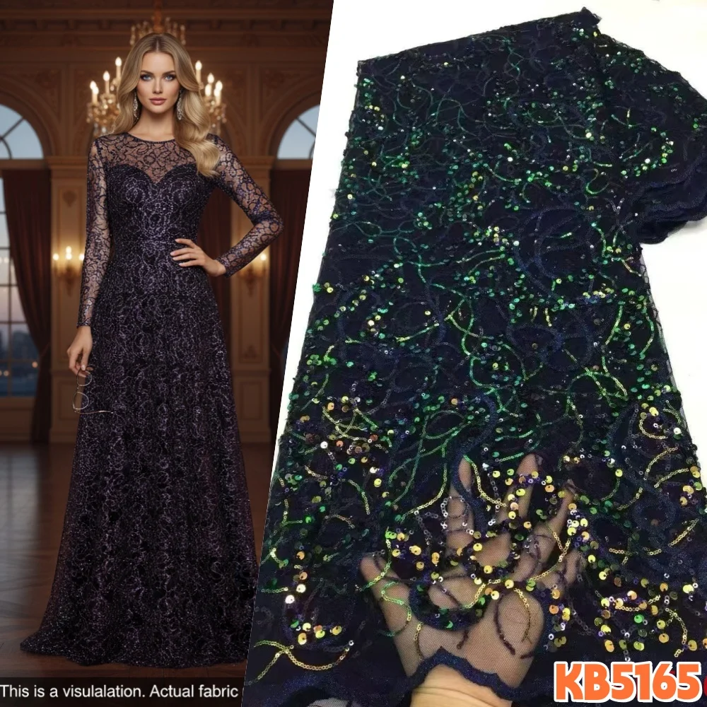 

5 ярдов тюлевой кружевной ткани с бисером, новейшая высококачественная кружевная ткань 2026 года, изумрудно-зеленая кружевная ткань с пайетками для свадебного шитья KB5165