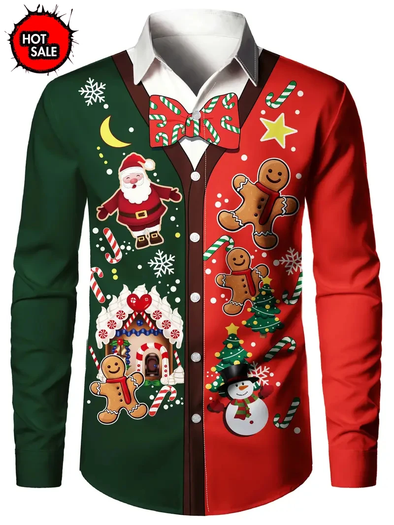 Men Fashion Long Sleeve Shirt Xmas Bow Tie Gingerbread Stocking Graphic Print New Year Party Festival Top