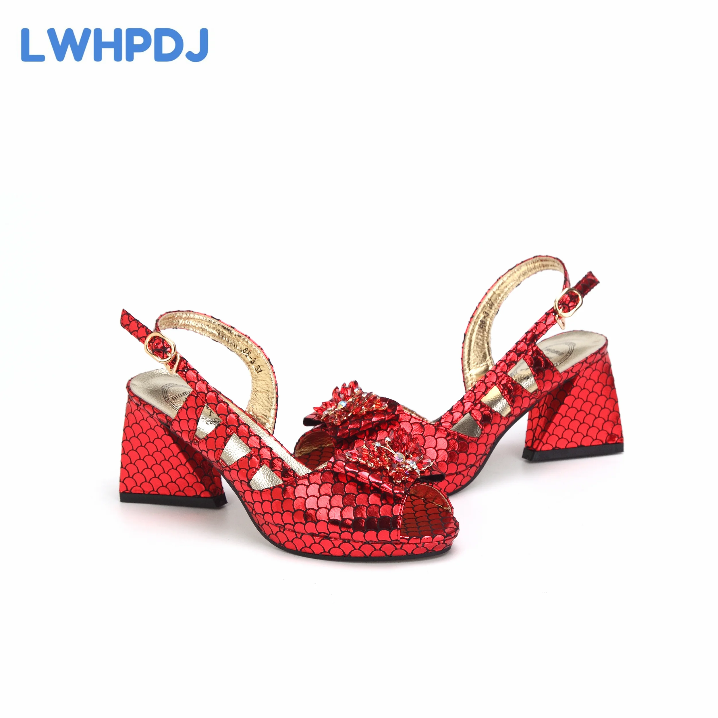 Red Color New Stitching Design Flash Diamond Decoration Mature Women\'s Bag With Nigerian Comfortable Shoes