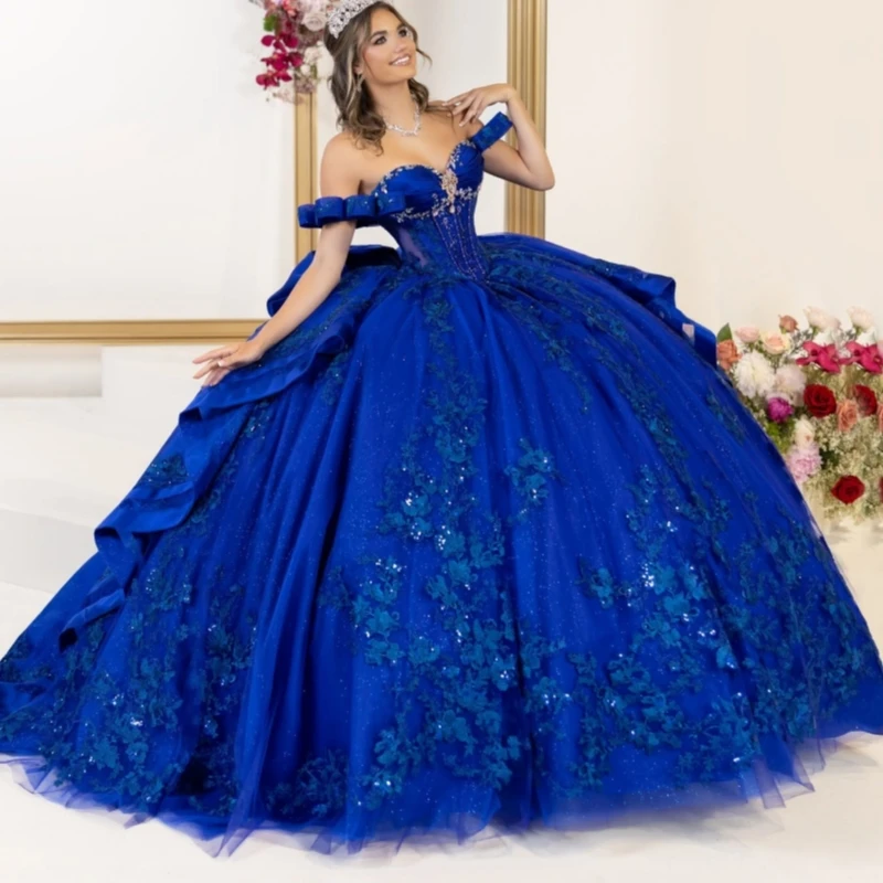 

Королевское синее блестящее платье Quinceanera с открытыми плечами, аппликация, кружево, бисер, кристалл, бант, тюлевое платье для вечеринки, дня рождения, сладкое платье 16, Vesti