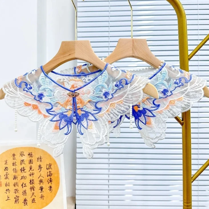 

Цветочная вышивка Hanfu искусственный воротник в китайском стиле красочный кружевной искусственный воротник круглый вырез жемчужное украшение воротник рубашки