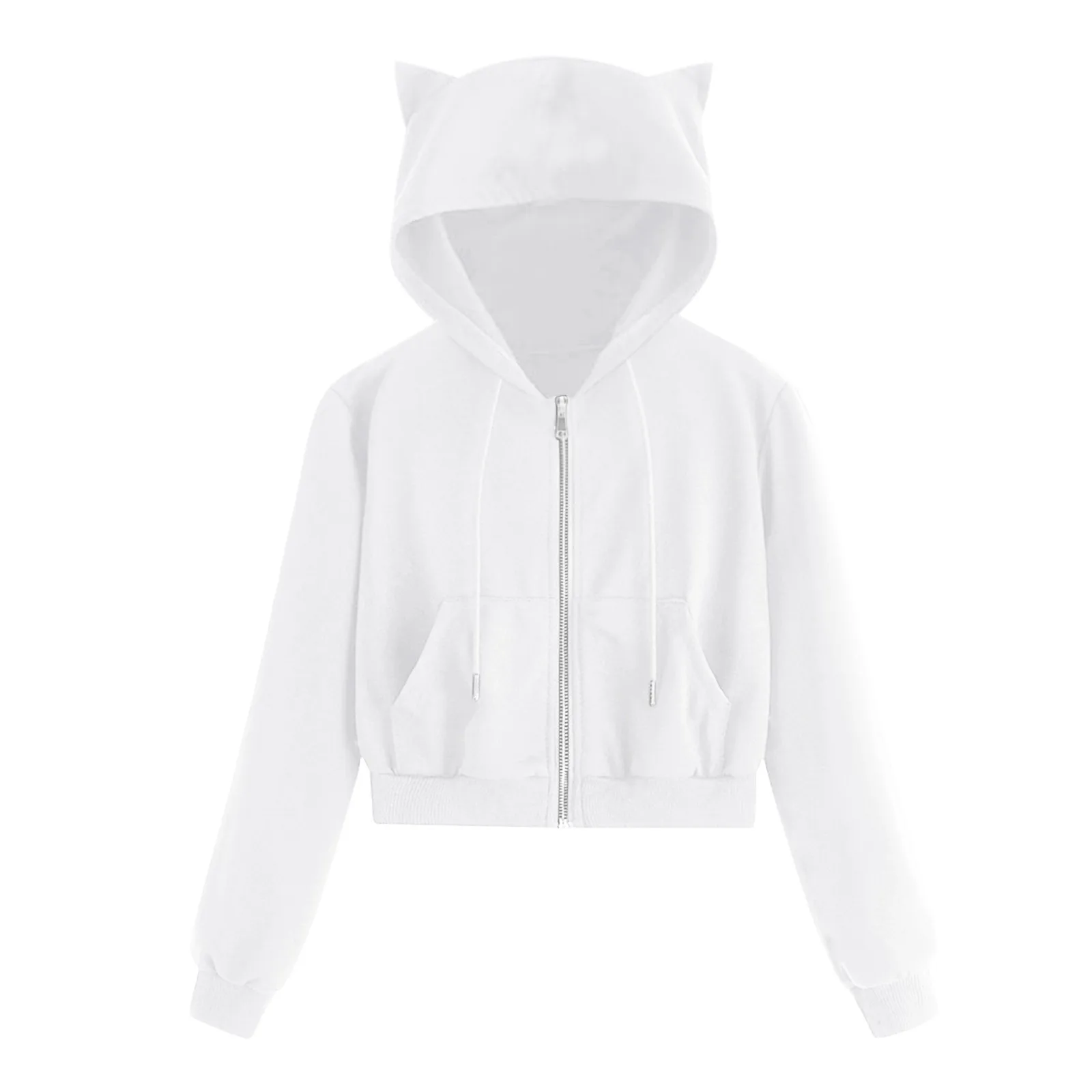 Solid Color Cat Ears Hoodie Women'S Drawstring Zipper Hoodie Korean Version Of The Trend Fashion Short Version Of Top