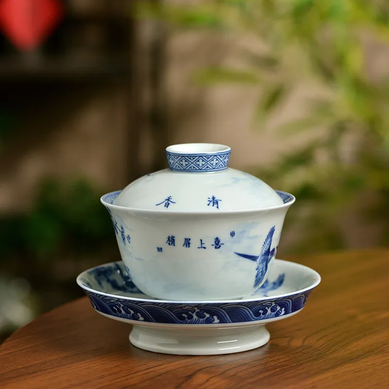 High-End Jingdezhen Flower and Bird High Foot Gaiwan Non-Scald Tea Brewing Bowl Household Ceramic Blue White Large Cup