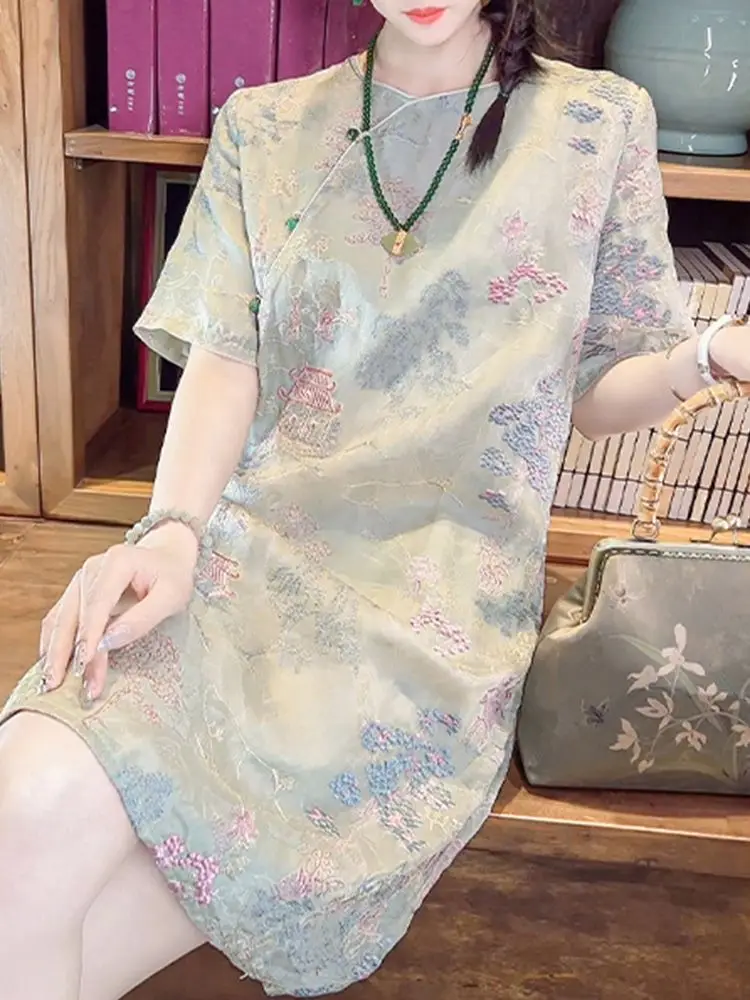 

Embroidered Mid-Length Dresses Women Vintage Loose Cheongsam Chinese Ethnic Style Tang Dresses