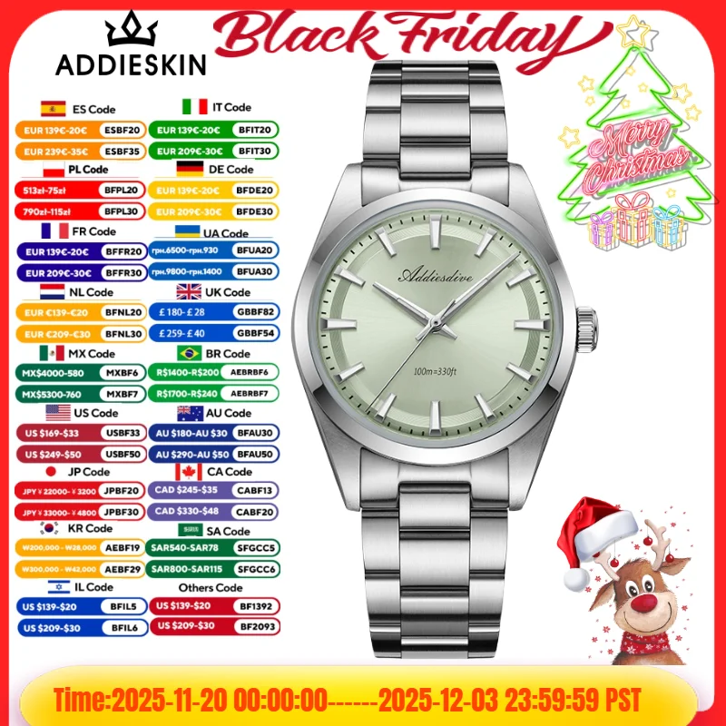 ADDIESDIVE Горячие мужские часы AD2066 36 мм VH31 Bubble Mirror Glass Нержавеющая сталь 316L 100 м Diver BGW9 Супер светящиеся кварцевые часы