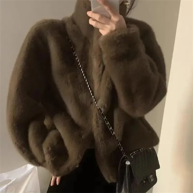 Ladies Loose Fitting Plush Outerwear Autumn Winter Female Lamb Wool Faux Fur Tops Coat 2024 Women Stand Collar Short Fur Jacket