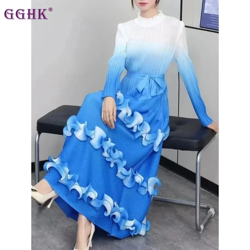 

GGHK Pleated Women Elegant Dress 2025 Spring Fall New Gradient Color Wooden Ear Side Splicing Design Loose Large Size Dresses