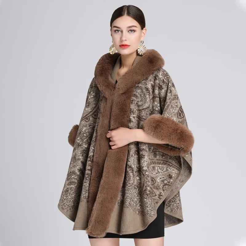 Autumn Winter New Imitation Otter Rabbit Fur Collar Jacquard Hooded Shawl Cape Imitation Wool  Ponchos Coffee Capes Women Cloak