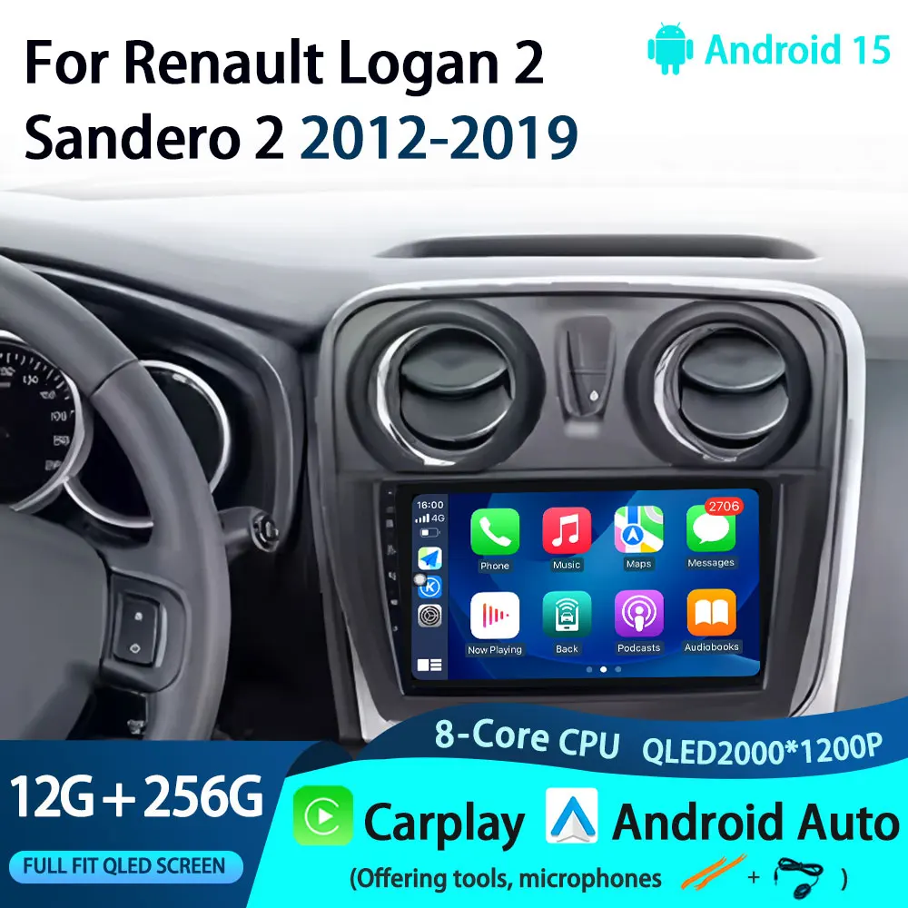 Android 15 For Renault Logan 2 Sandero 2  2012-2019 Car Radio Multimedia Player Android Auto Carplay Head Unit Navigation GPS