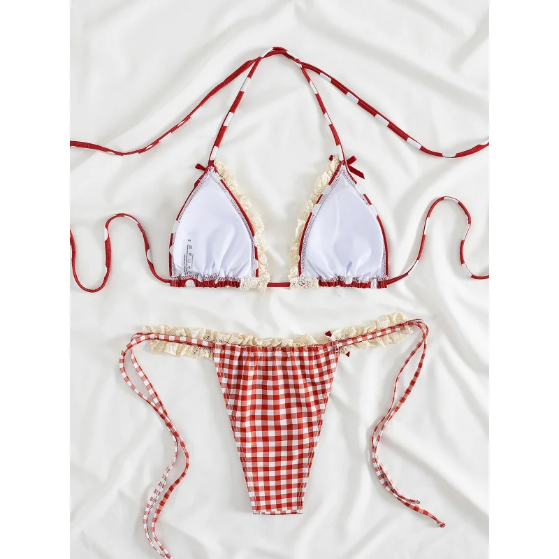 New Soft Bag Polka Dot Lace Trim Bowknot Decor Halter Neck Tie Sexy Party Bikini Set