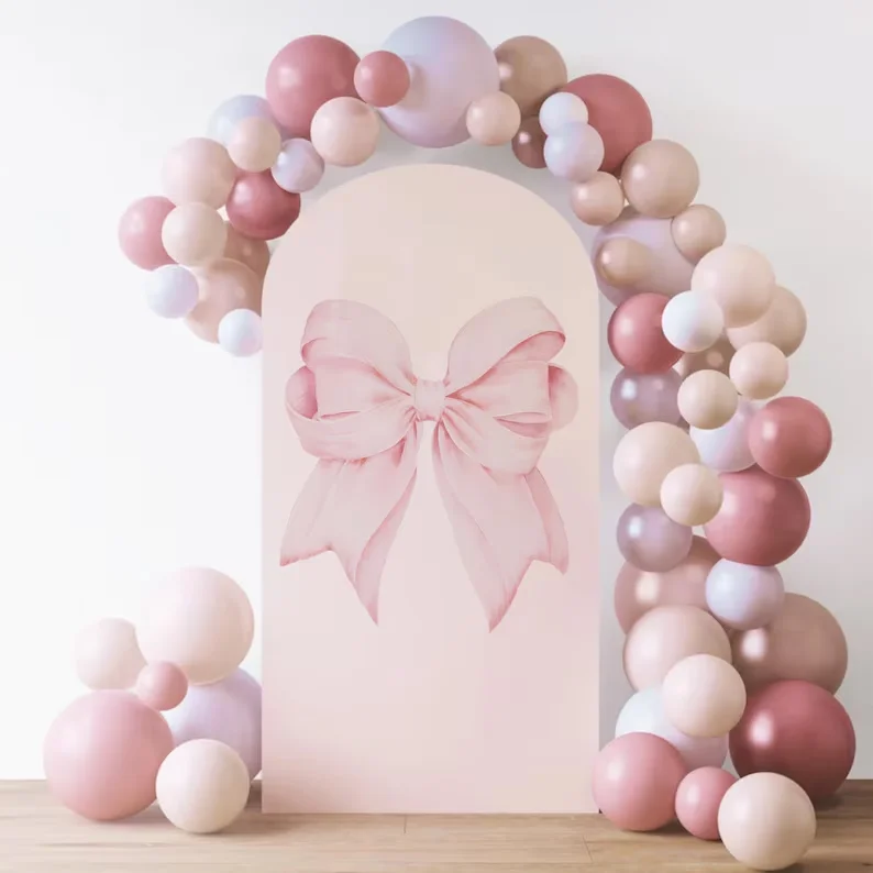 

Mehofond Custom 2-Sided Blush Pink Bow Princess Girl Birthday Party Baby Shower Cover Chiara Arch Wall Background Decor Backdrop