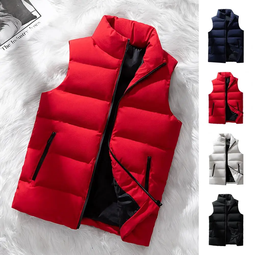 Windproof Vest Outwear Men's Sleeveless Stand Collar Vest with Zipper Closure Pockets Solid Color Windproof Outwear for Thin