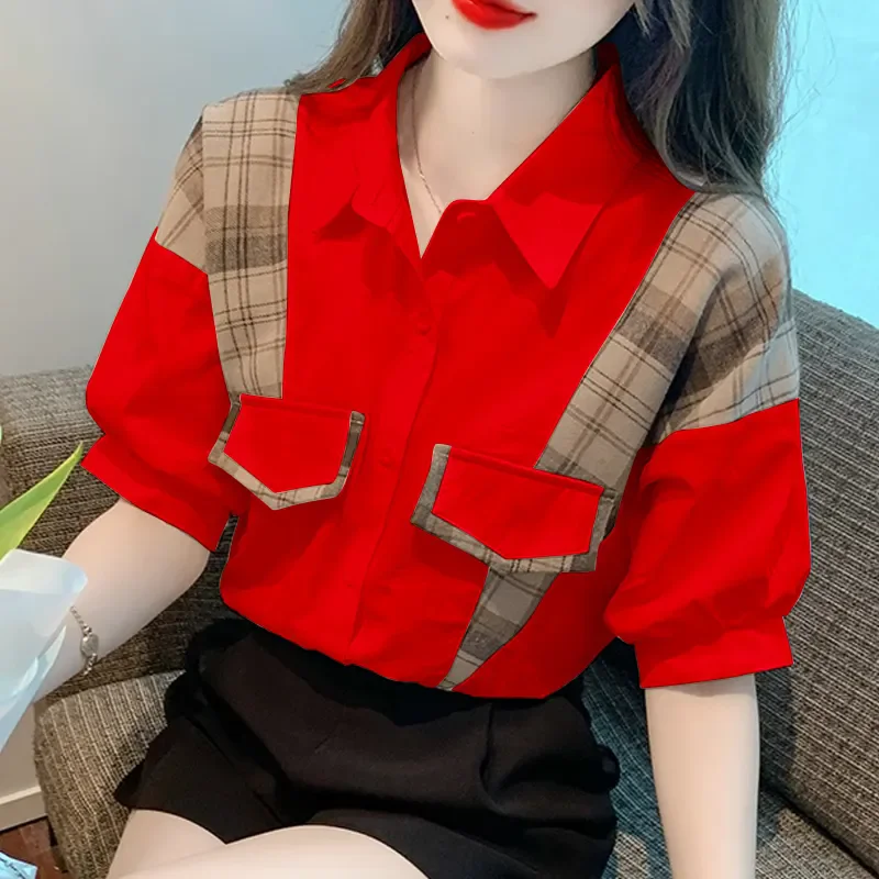 Short Sleeved Plaid Shirt Women's 2024 New Summer Loose Fit Belly Covering Design, Feeling Niche, Light Cooked French Female Top