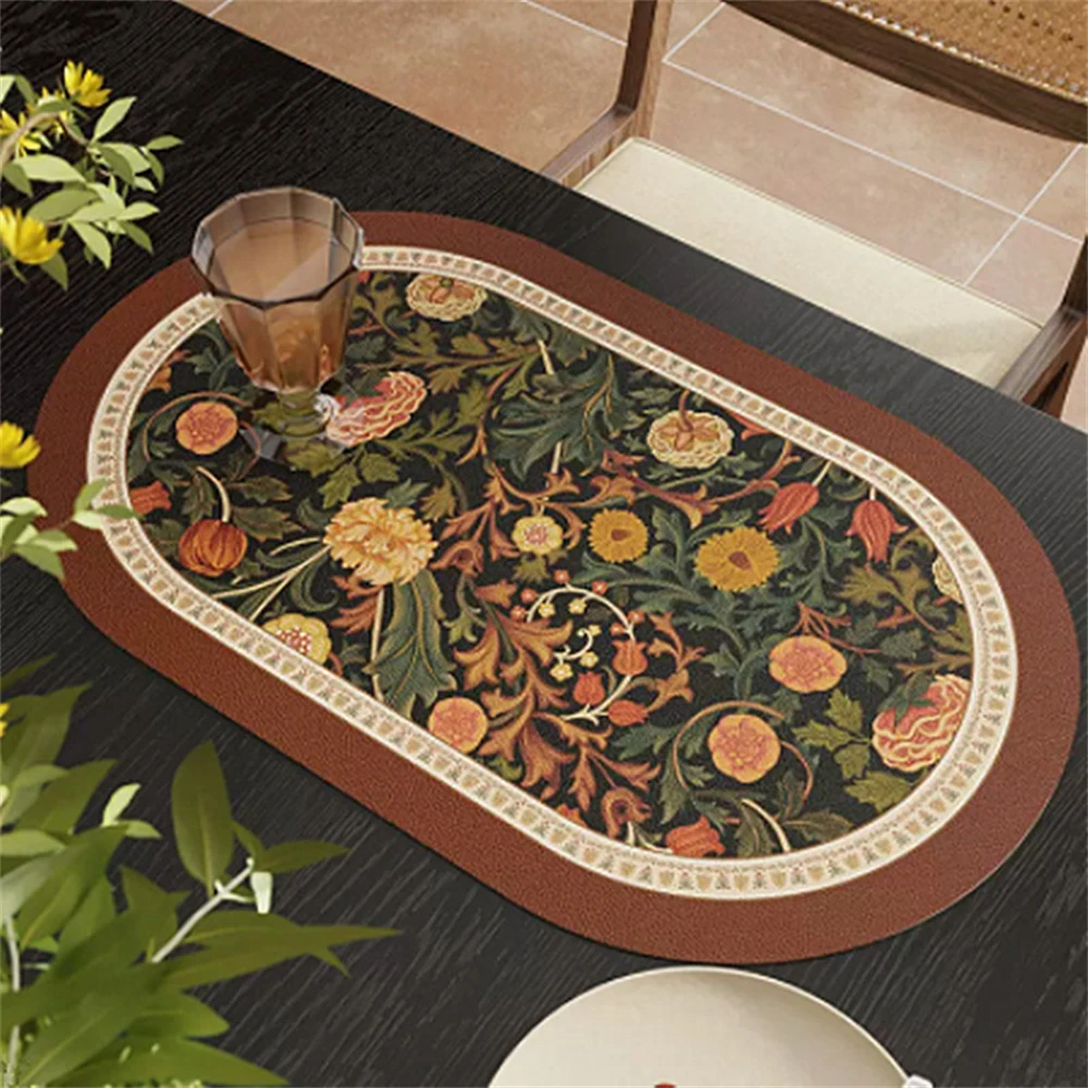 

Retro American Floral Leather Placemat Oval High Temperature Resistant and Easy to Clean Table Mat Oilproof Pad Home Table Decor