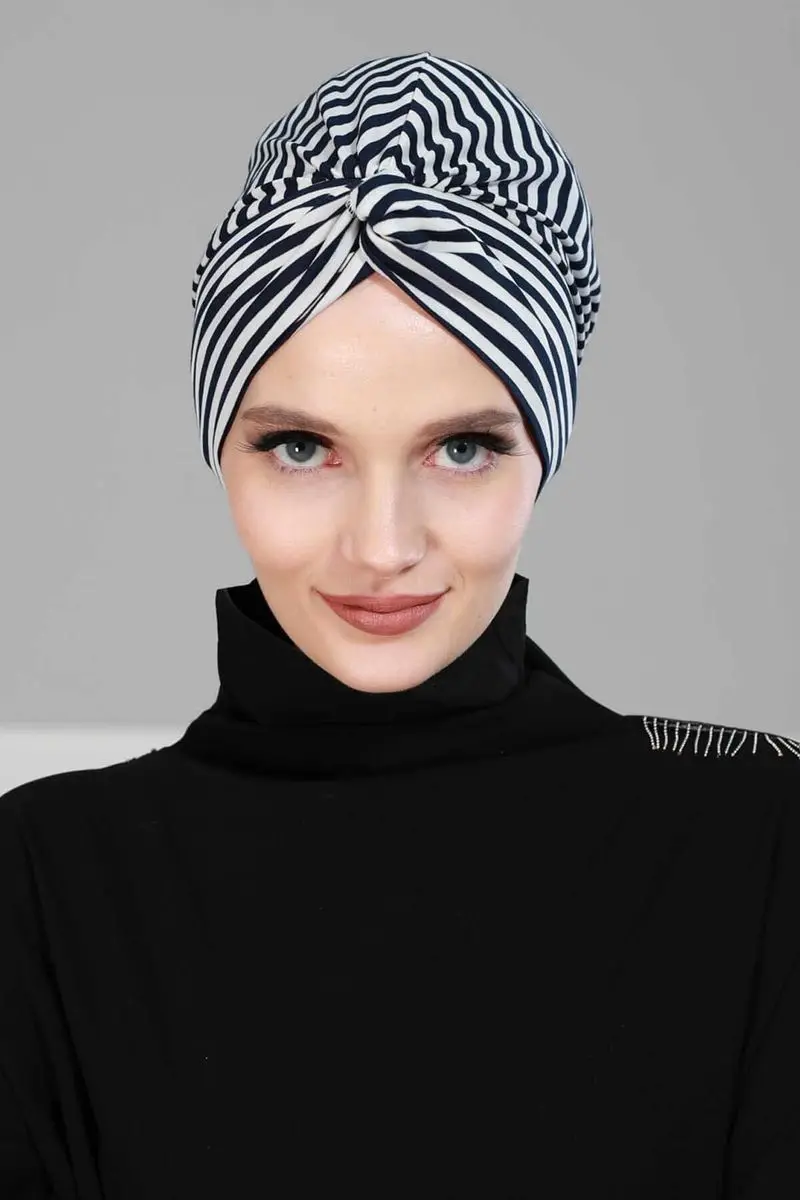 Mihrace Combed Striped Bone Navy Blue