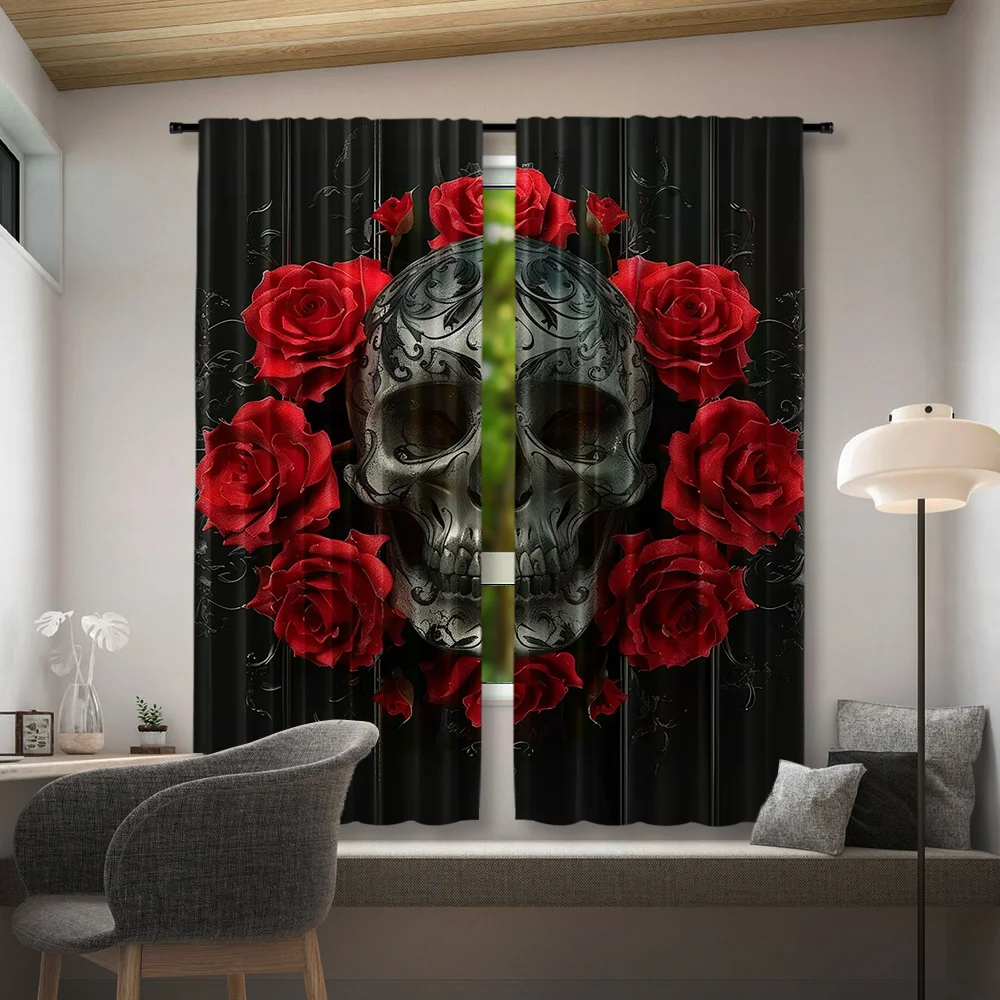 Dark Skull Rose Theme Curtain 2 Panels Ornate Silver Skeleton Bright Red Bloom Base Living Room Curtain Cool Retro Gothic Home