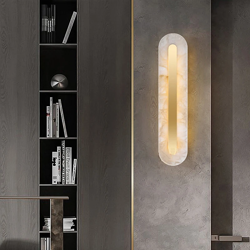 European Luxury Gold Oval Rectangle Background Decorative Sconce Light Natural Marble Living Room