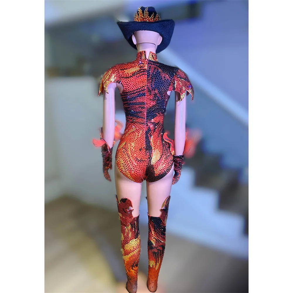 Women Singer Jazz Modern Dance Team Performance Clothes Red Blue Flame Pattern Rhinestones Bodysuit Rave Outfit Stage Costume