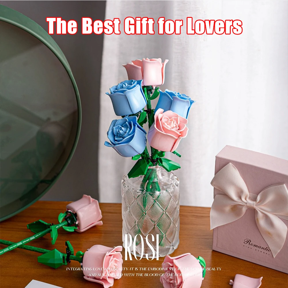 Romantic Rose Flower Bouquet Building Block Eternal Model Assembly Plastic Plant Brick Home Decor Mother\'s Day Birthday R Gift