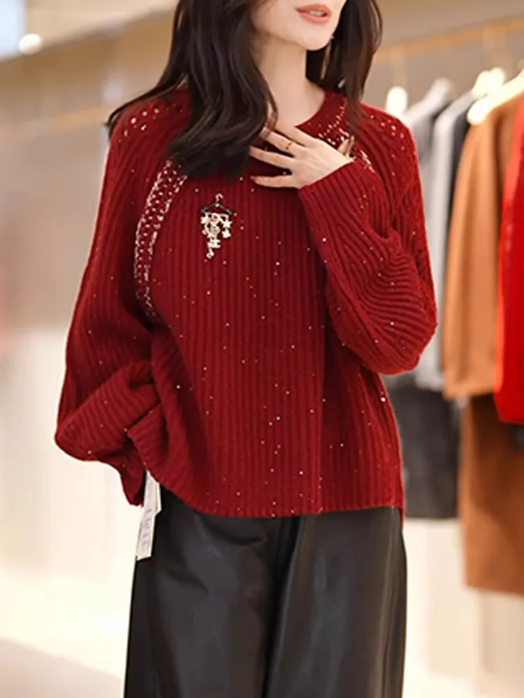 

Утепленный вязаный свитер с длинными рукавами для женщин: теплый, стильный, омолаживающий, красный, для создания рождественской атмосферы, стройнящий топ