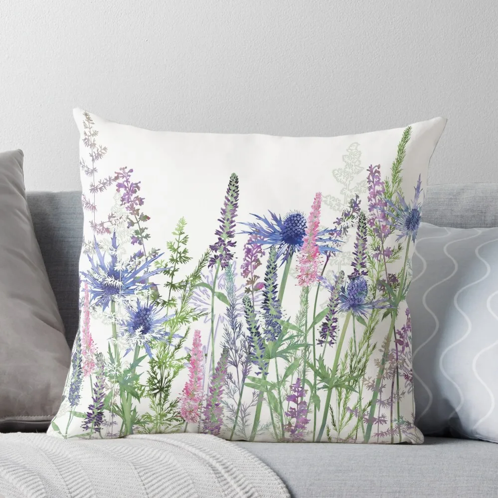 Flower Meadow - Sea Holly, Veronica Flowers, Catmint, Grasses Throw Pillow Cushions For Decorative Sofa Couch Cushions