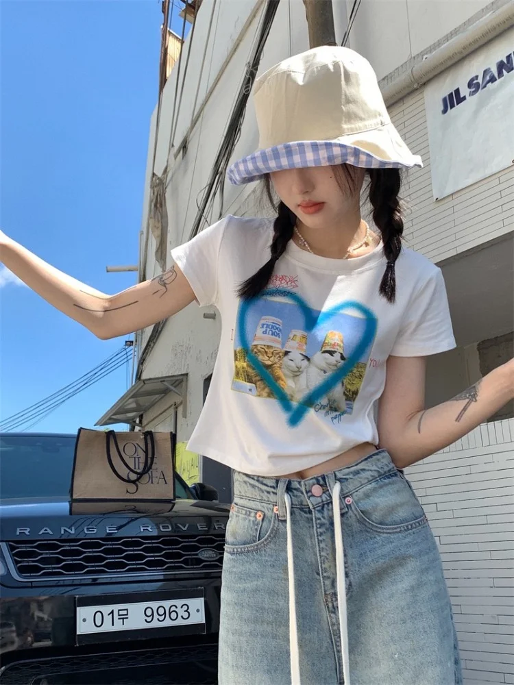 Adagirl y2k kawaii gato impressão camiseta colheita topos harajuku kitty tie dye t e-girl 2000s estética coreano engraçado cutecore roupas