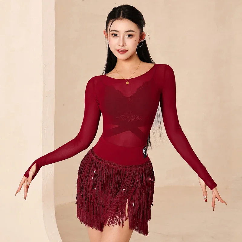 

2025 Latin Dance Competition Clothing Women Red Tops Sequin Skirt Adult Cha Cha Rumba Samba Dance Costume Practice Wear
