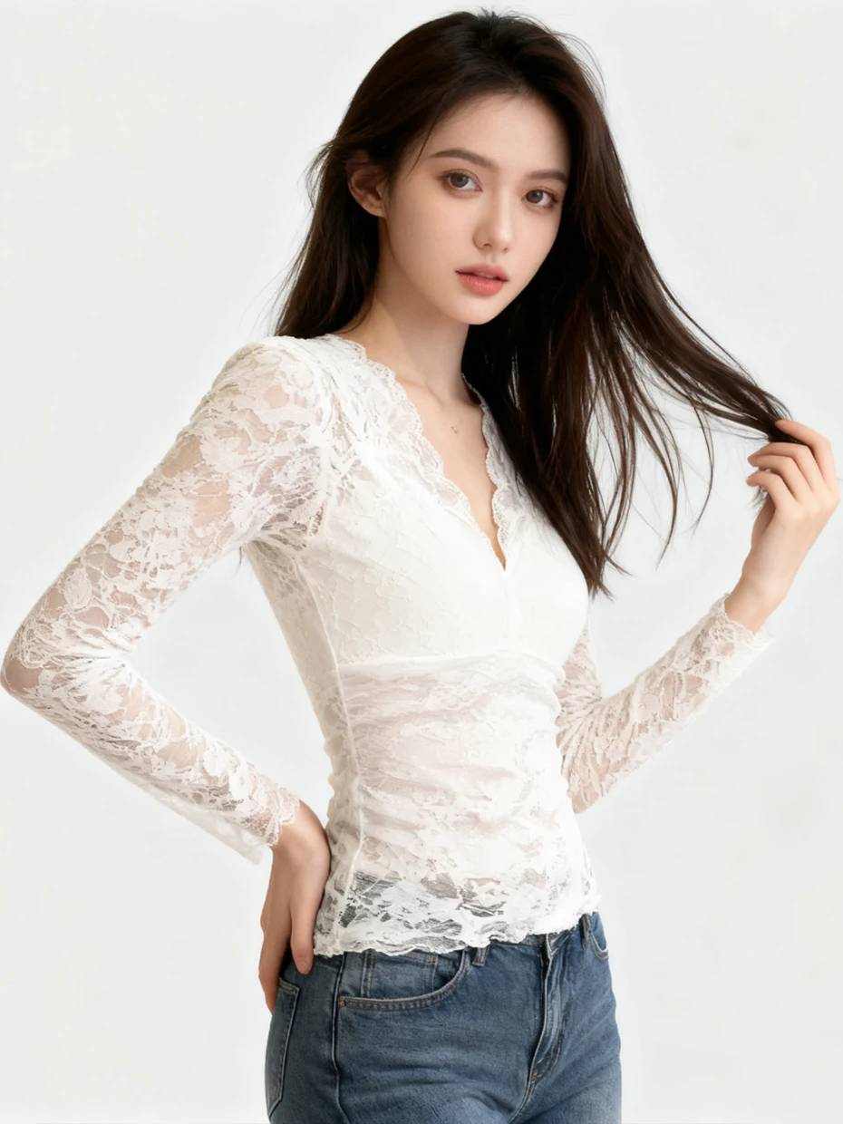 

Pure Desire Sexy Lace Base Shirt Women's Autumn Winter Fur Overlap Inner Wear Luxury Unique Hollow out Top V-neck Long Sleeve