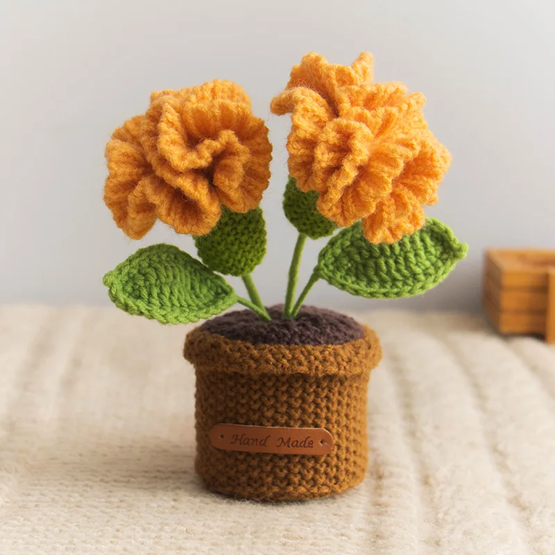 Ręcznie robione szydełkowe goździki w doniczkach, wykończony bukiet z roślin sztucznych, dekoracja na biurko, prezenty na Boże Narodzenie i ukończenie szkoły
