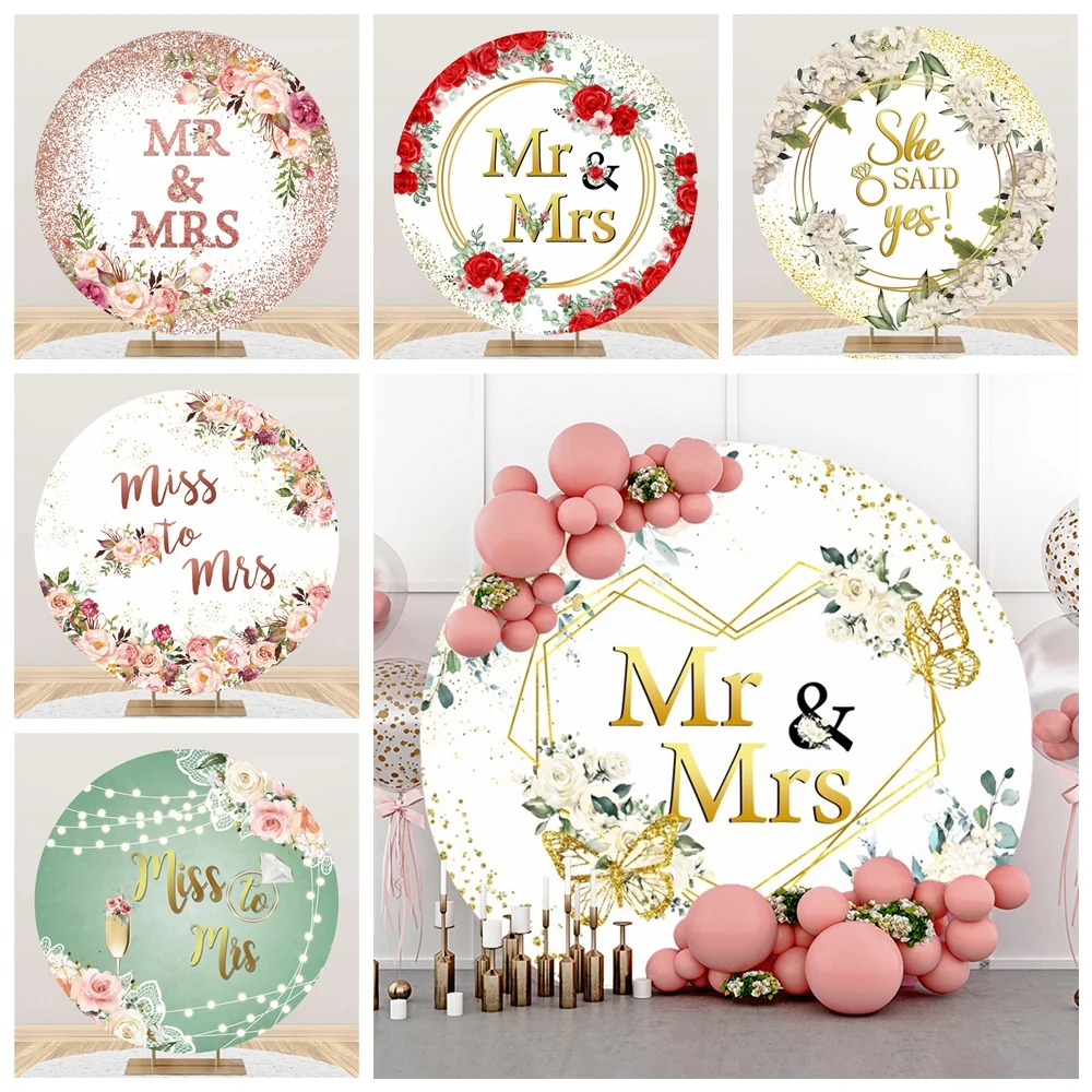 

Wedding Round Backdrop Cover Flowers Bridal Shower Mr & Mrs Engaged Ceremony Propose Bride to be Party Photography Background