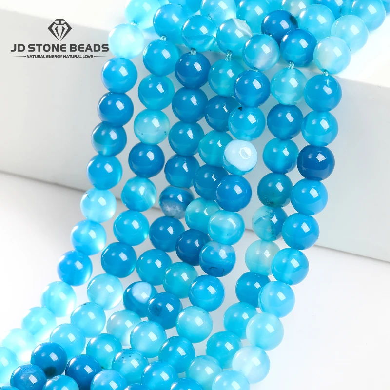 

4 6 8 10mm Natural Stone Dyed Lake Blue Striped Agate Bead Round Loose Spacer for Jewelry Making Diy Necklace Bracelet Accessory
