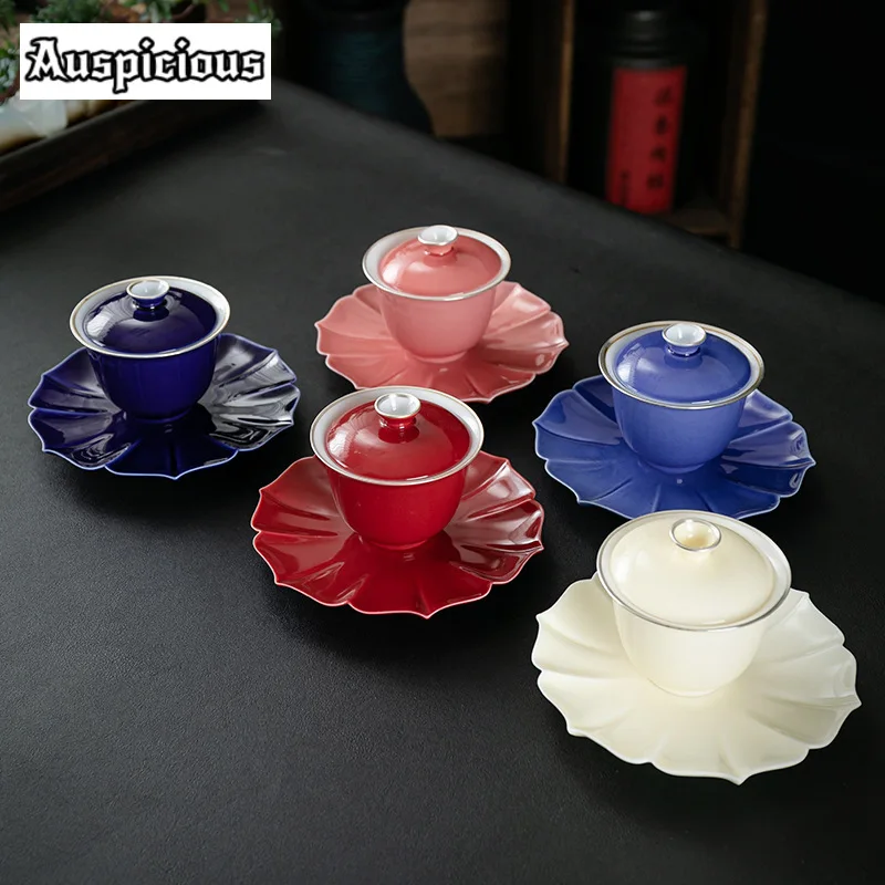 

150ml Sakura Pink Glazed Gaiwan Antique Gilded Silver Ceramic Tea Tureen Tea Maker Cover Bowl for Tea Accessories Ornaments