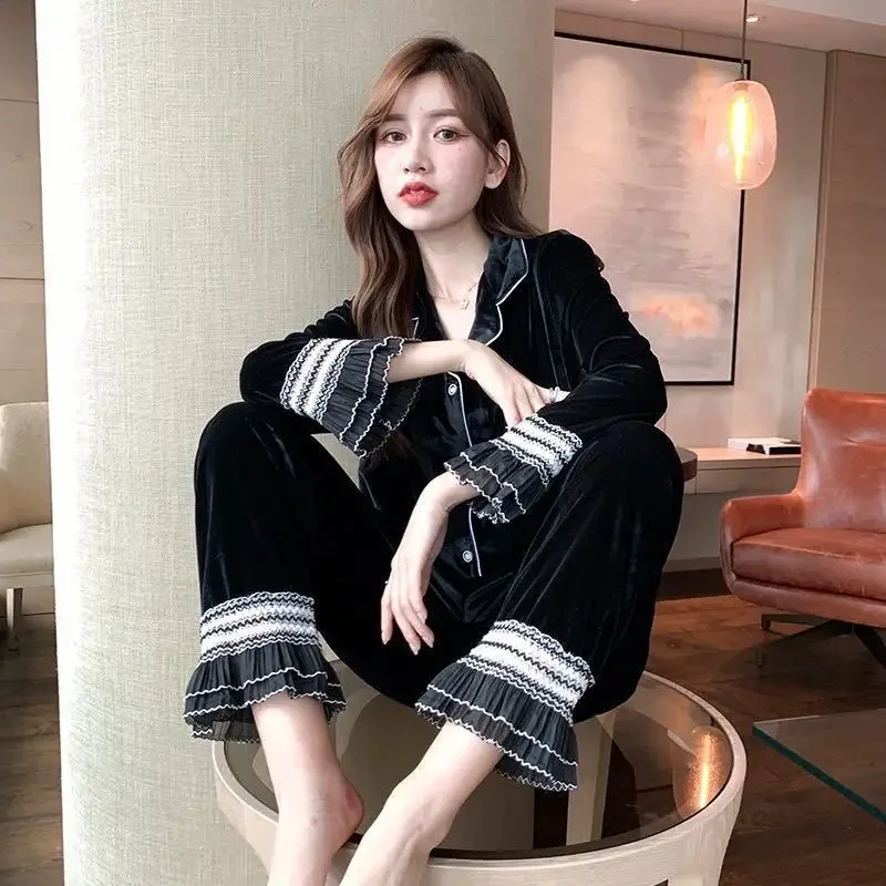 Canary velvet Pajamas female Fall winter  Long-sleeved two-piece set women  Spring autumn leisure home wear Can be worn outside