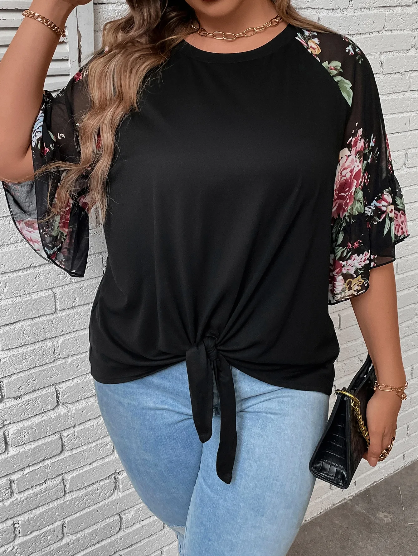 

Women's Plus Size Floral Print Blouse, Casual Sheer Mesh Flare Sleeve Knot Front T-Shirt, Round Neck Loose Summer Top For Ladies