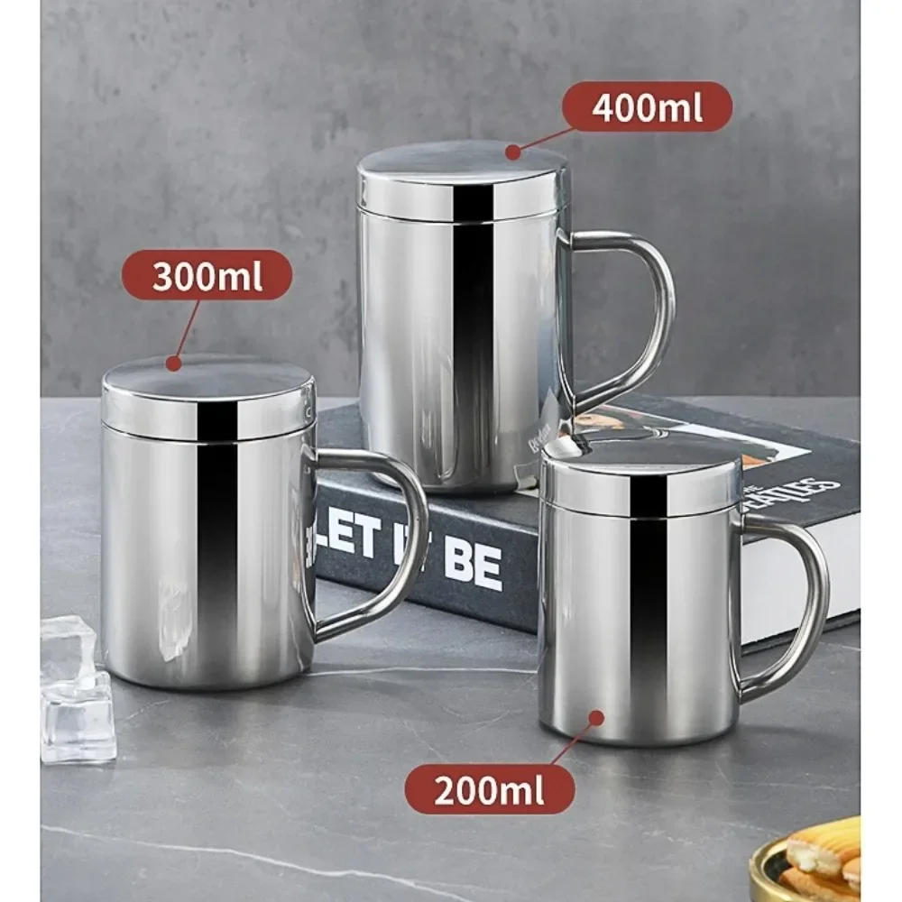 200-400ml Stainless Steel Coffee Double Walled Mugs with Lid and Handle,Metal Coffee & Tea Cup Mug,Camping Travel Office