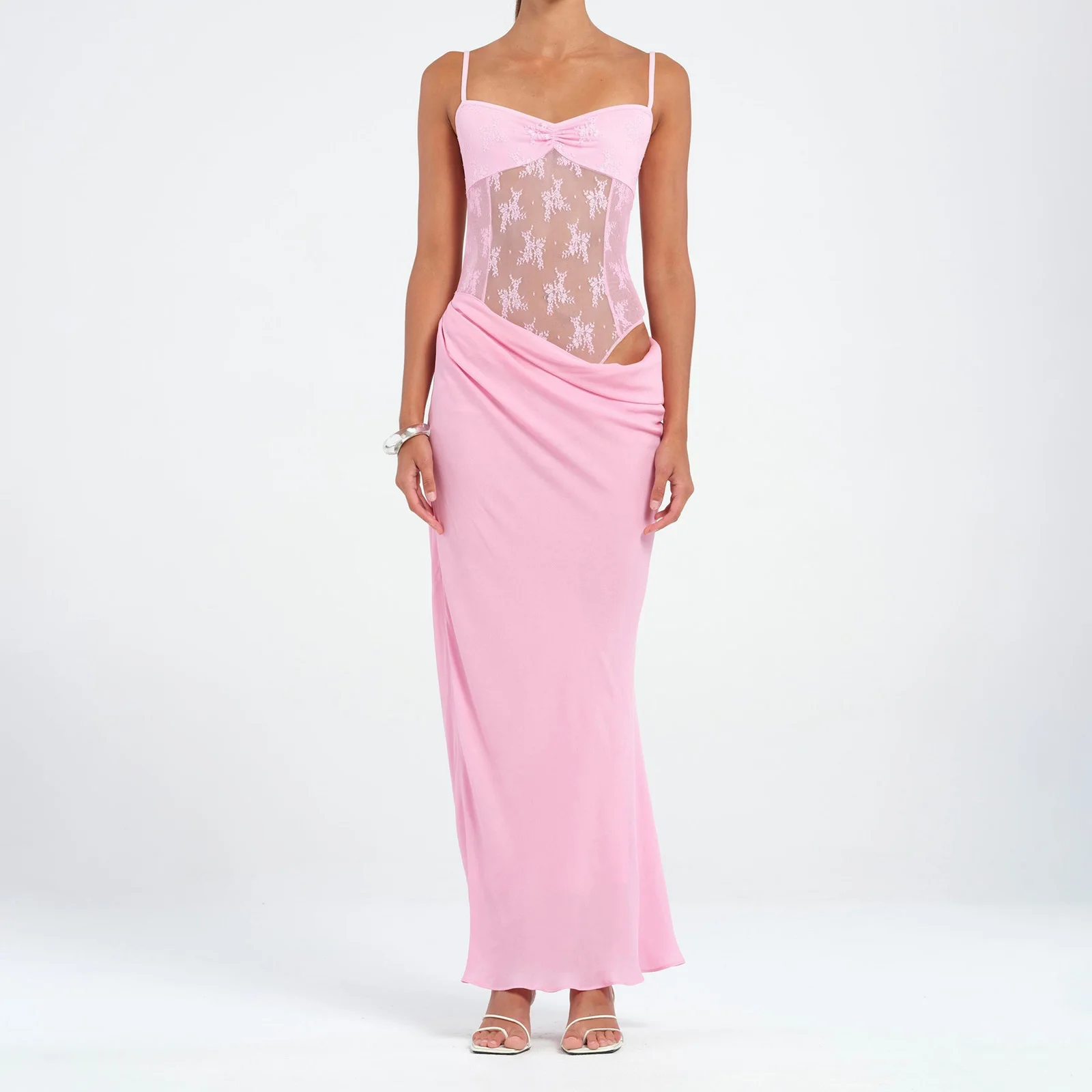 Nuovo abito da donna in pizzo patchwork con scollo a cuore e scollo a cuore, cinturino per spaghetti, abito lungo senza schienale per party club streetwear