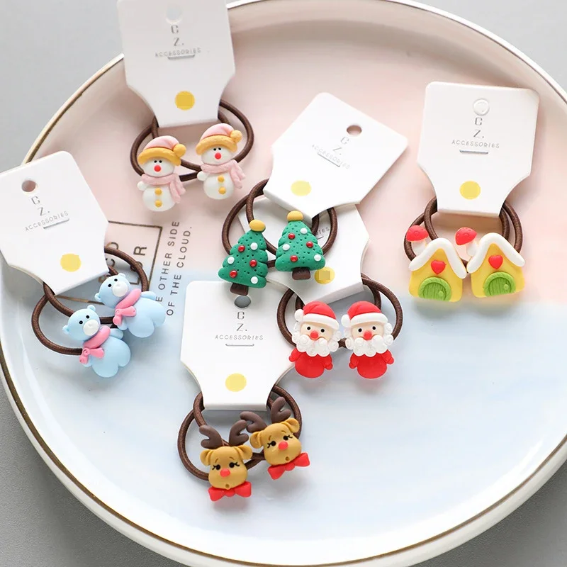 2pcs New Cute Christmas Elk Cartoon Elastic Hair Bands Rubber Hair Rope Tie Girls Hair Scrunchie Ponytail Holder Gum Accessories image 2
