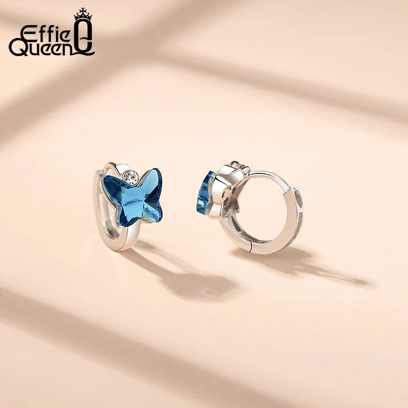 Effie Queen 925 Sterling Silver Stud Earrings Shining Blue Crystal With AAAA Cubic Zirconia Butterfly Style Fashion Item SWE10